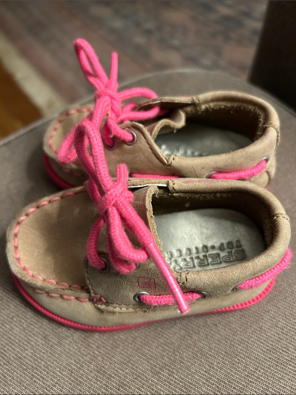 Sperry Tan Baby Boat Shoes with Bright Pink Laces, worn once